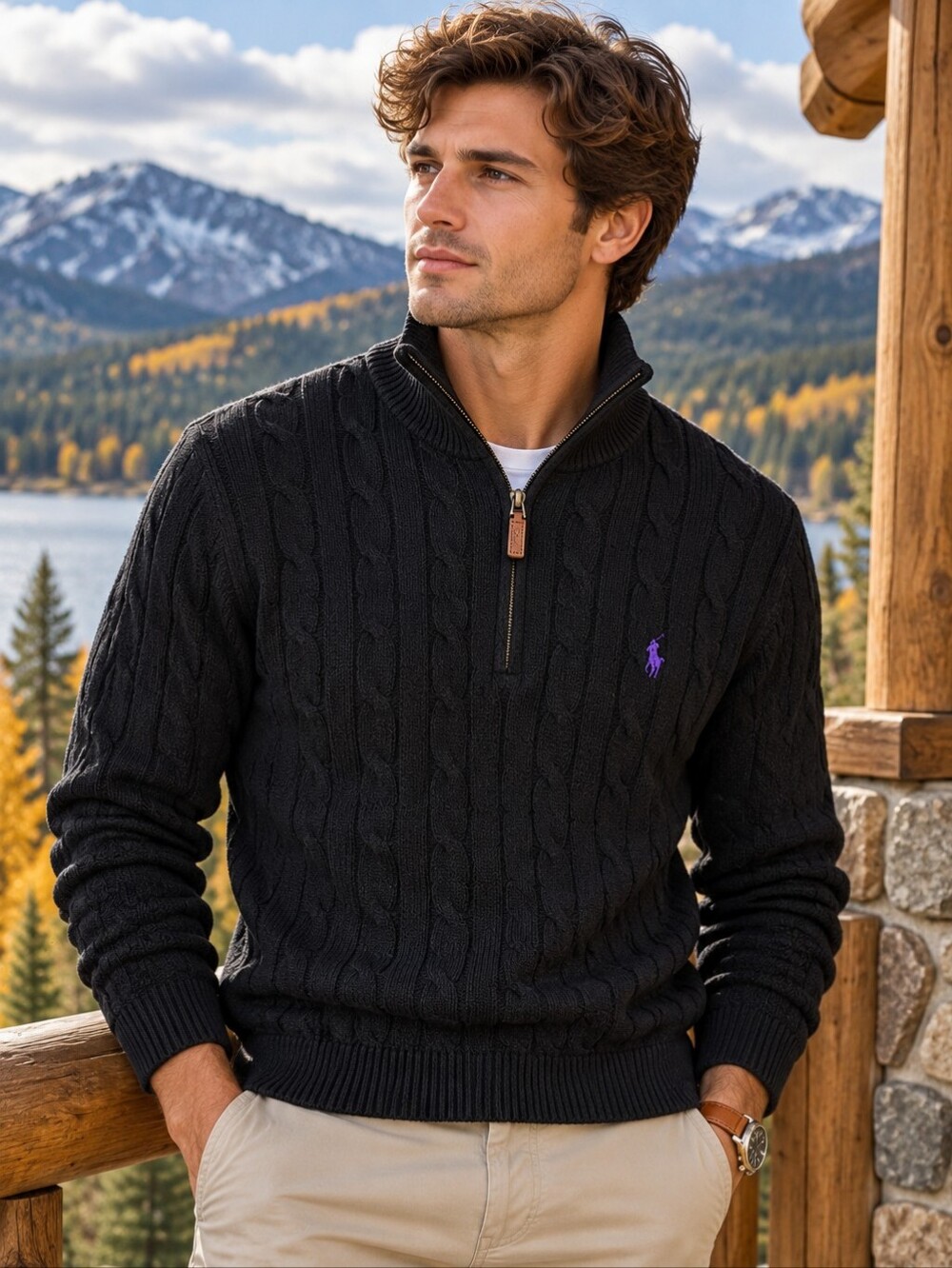 Polo Ralph Lauren Cable Knit Quarter Zip Sweater Black Purple Pony L